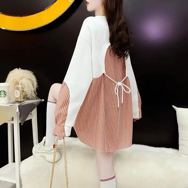 Korean Style Fake Two-Piece Sweatshirt Stripe Coat Women Loose Large — feature 17