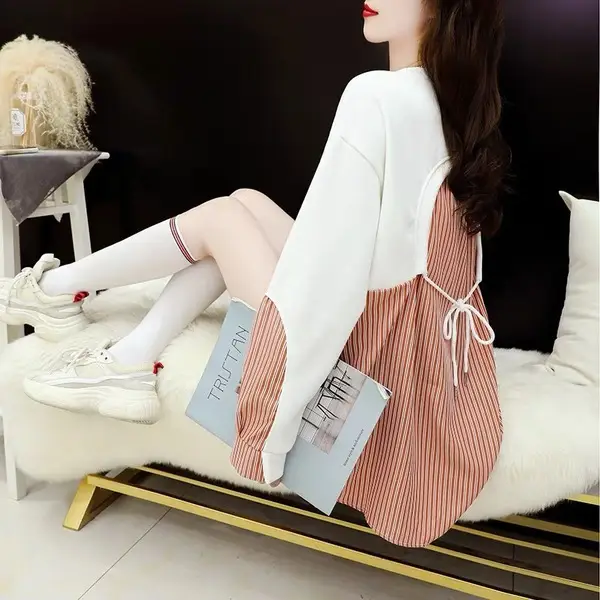 Korean Style Fake Two-Piece Sweatshirt Stripe Coat Women Loose Large — feature 18