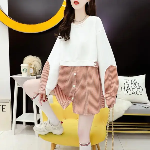 Korean Style Fake Two-Piece Sweatshirt Stripe Coat Women Loose Large — feature 19