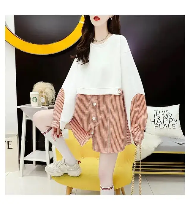 Korean Style Fake Two-Piece Sweatshirt Stripe Coat Women Loose Large — feature 3