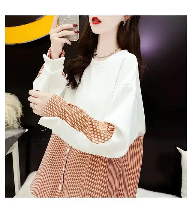 Korean Style Fake Two-Piece Sweatshirt Stripe Coat Women Loose Large — feature 5