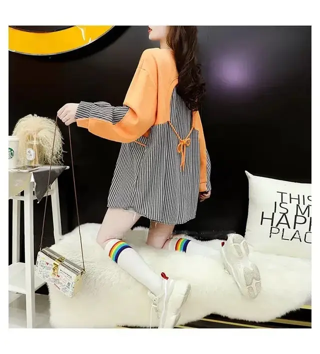 Korean Style Fake Two-Piece Sweatshirt Stripe Coat Women Loose Large — feature 6