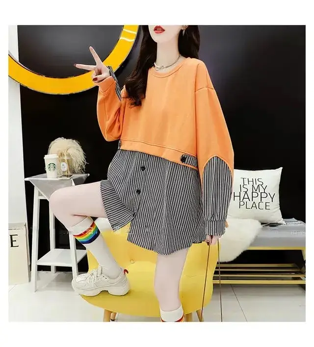 Korean Style Fake Two-Piece Sweatshirt Stripe Coat Women Loose Large — feature 7