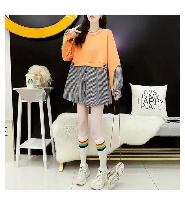 Korean Style Fake Two-Piece Sweatshirt Stripe Coat Women Loose Large — feature 8
