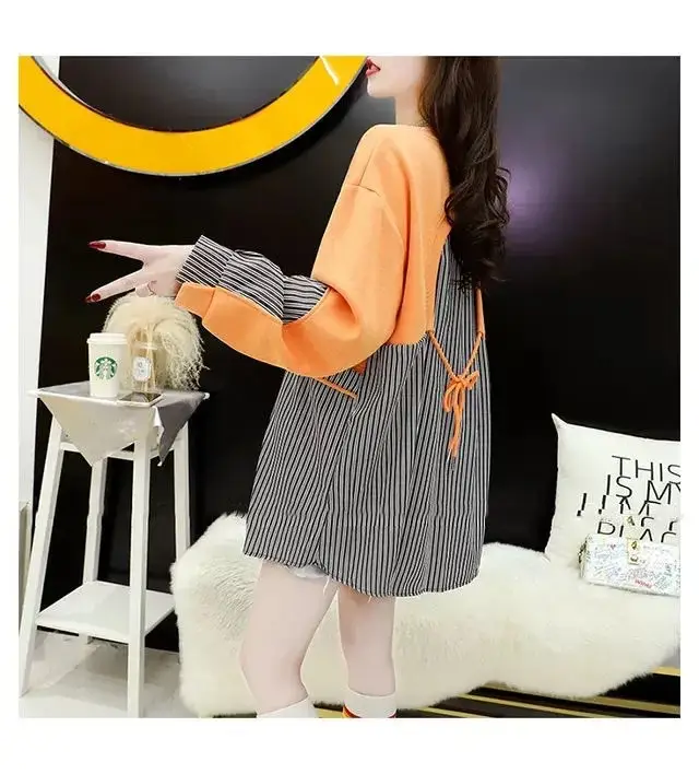 Korean Style Fake Two-Piece Sweatshirt Stripe Coat Women Loose Large — feature 9