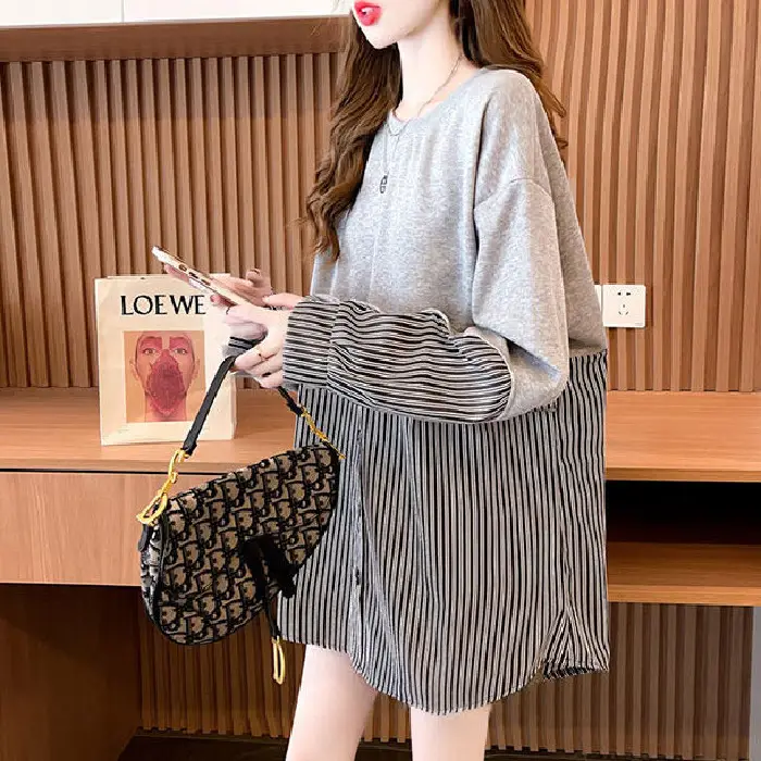 Korean Style Fake Two-Piece Sweatshirt Stripe Coat Women Loose Large - Image 2