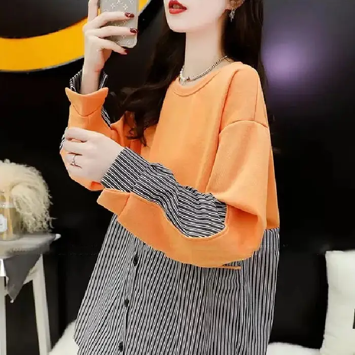 Korean Style Fake Two-Piece Sweatshirt Stripe Coat Women Loose Large - Image 3