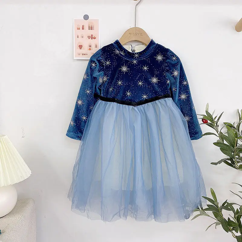 Frozen 2025 Winter Girls Elsa Velvet Star Dress
