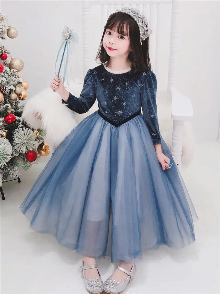 Frozen 2025 Winter Girls Elsa Velvet Star Dress