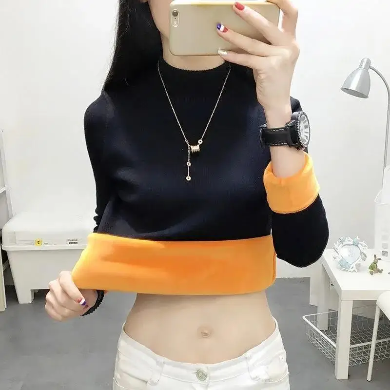 Warm Gold Fleece T-Shirt for Women Semi-Collar Autumn Winter - Image 4