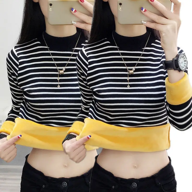 Warm Gold Fleece T-Shirt for Women Semi-Collar Autumn Winter - Image 5