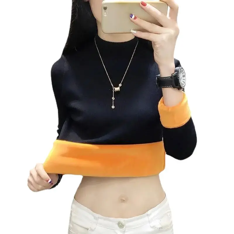 Warm Gold Fleece T-Shirt for Women Semi-Collar Autumn Winter - Image 6