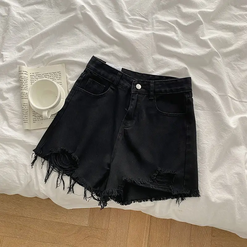 Women Ripped Denim Shorts Black 2022 - Image 2