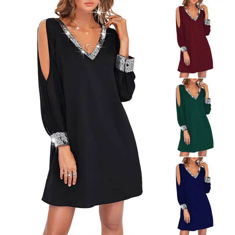 Black Sequin V-Neck Shoulder Sleeve Dress for Women — feature 2