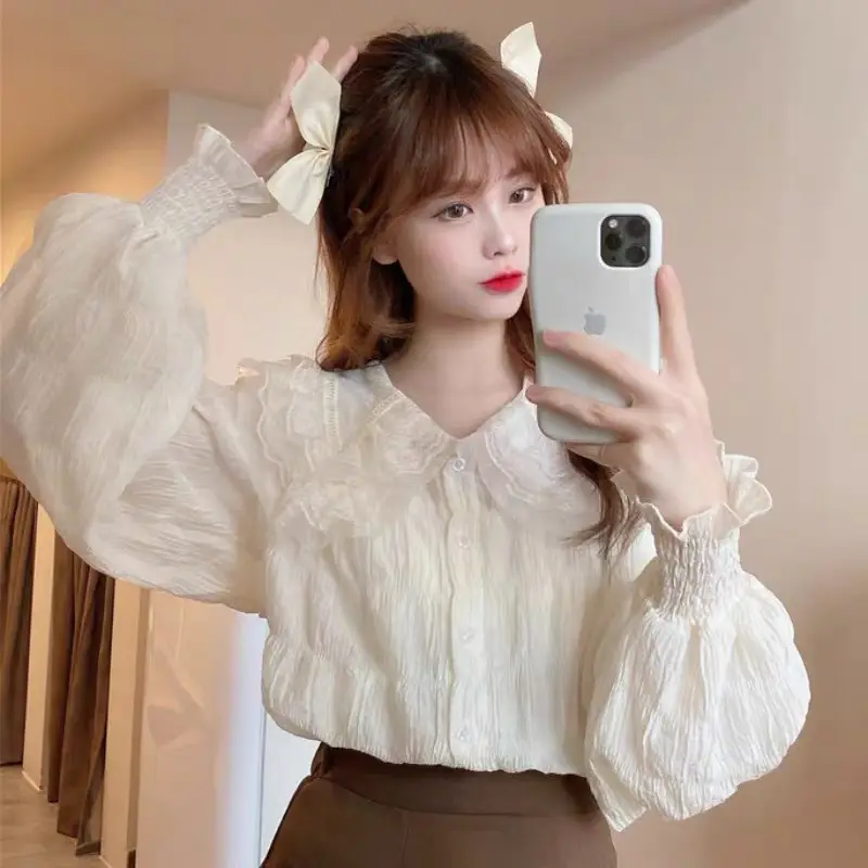 Women's Chiffon Collar Shirt White Spring Autumn - Image 5