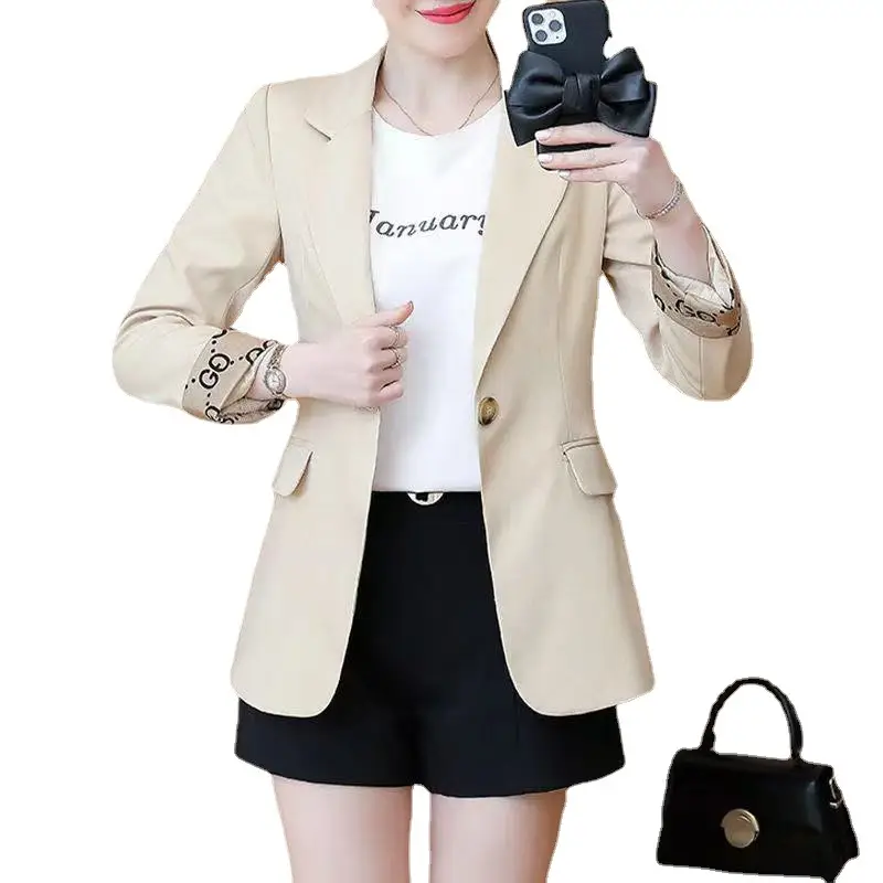 Women's 2022 Slim Fit Korean Style Suit Jacket Beige - Image 7