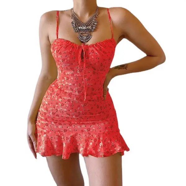 Women's Blue Floral Suspender Dress with Ruffled Hem - Image 7