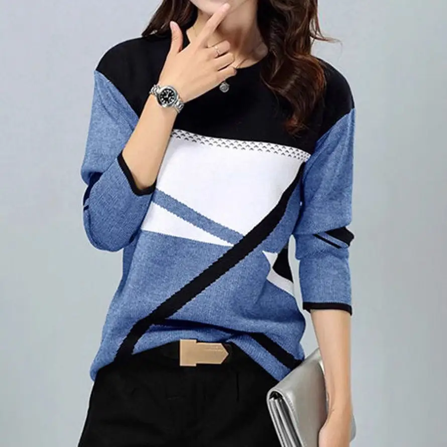 2022 Women Blue White Striped Long Sleeve T-Shirt - Image 6
