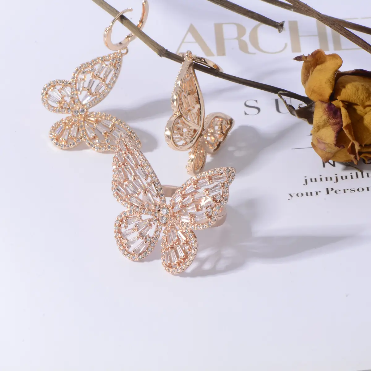 Butterfly Earrings Necklace Set Zircon Open Ring Women - Image 8
