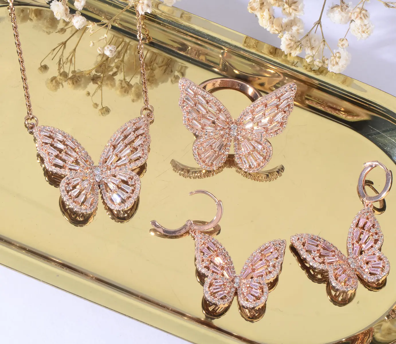 Butterfly Earrings Necklace Set Zircon Open Ring Women - Image 10