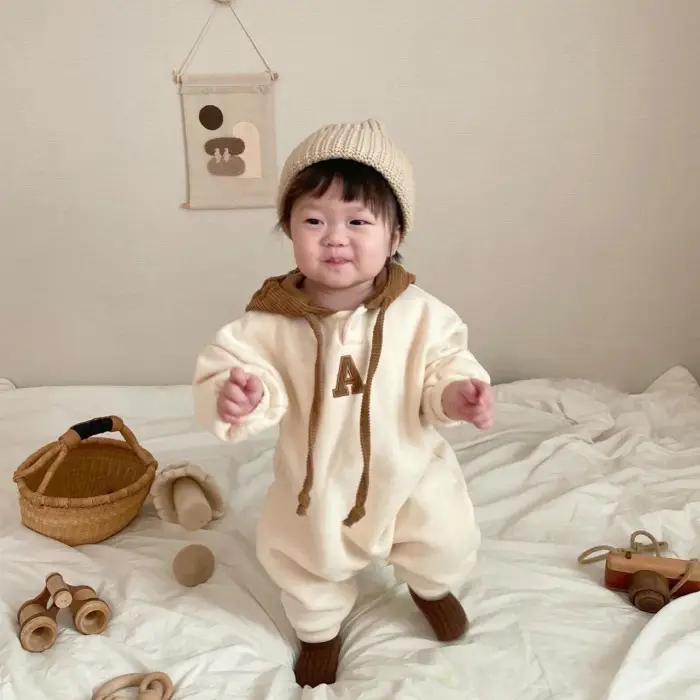 Baby's Cotton Hooded Body Suit with Brown Hood - Image 4