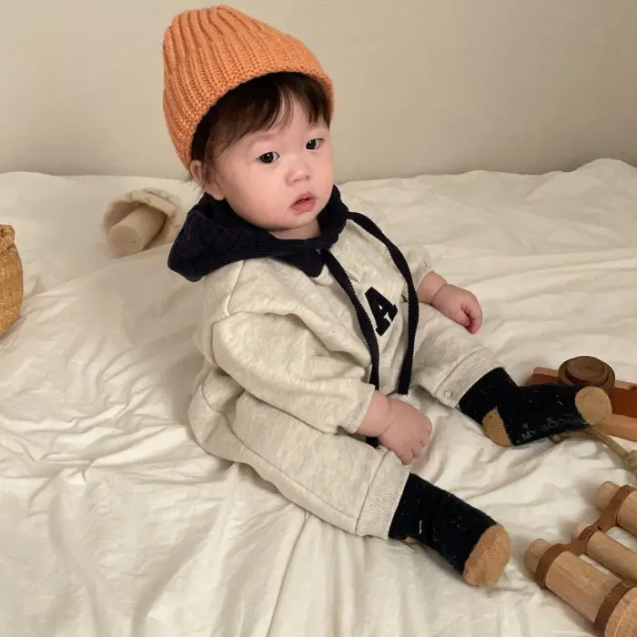 Baby's Cotton Hooded Body Suit with Brown Hood - Image 5