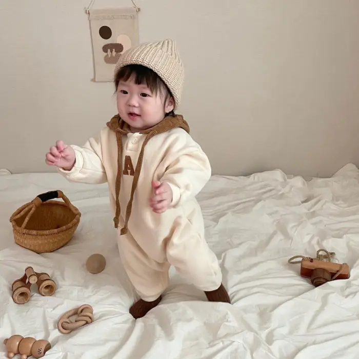 Baby's Cotton Hooded Body Suit with Brown Hood - Image 6