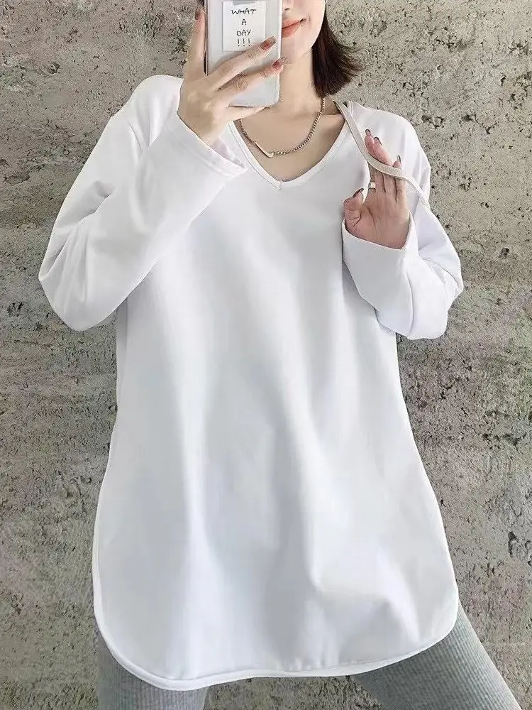 Women Fleece White Long Sleeve T-Shirt Large V Neck - Image 4