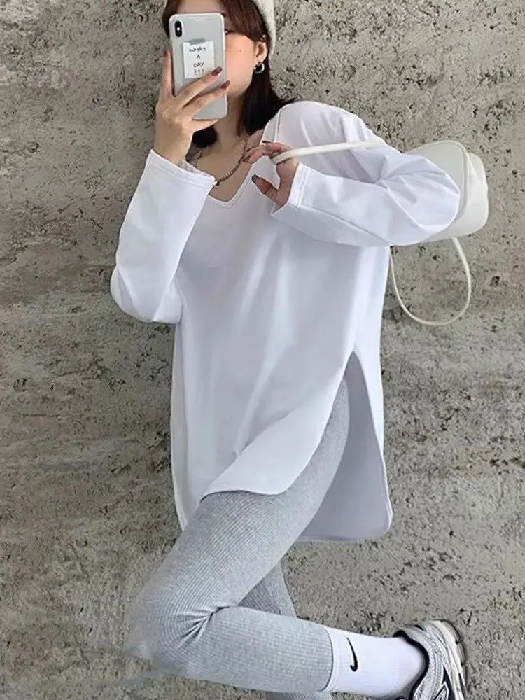 Women Fleece White Long Sleeve T-Shirt Large V Neck - Image 5