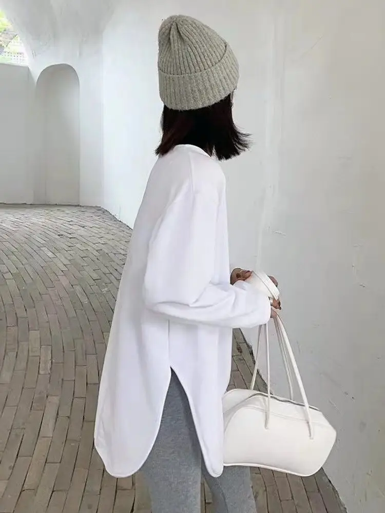 Women Fleece White Long Sleeve T-Shirt Large V Neck - Image 6