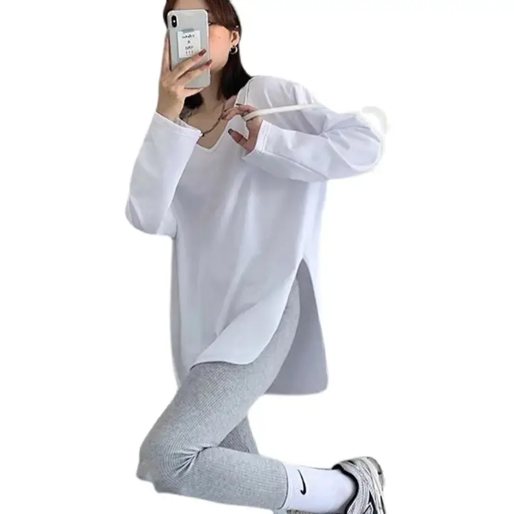Women Fleece White Long Sleeve T-Shirt Large V Neck - Image 7