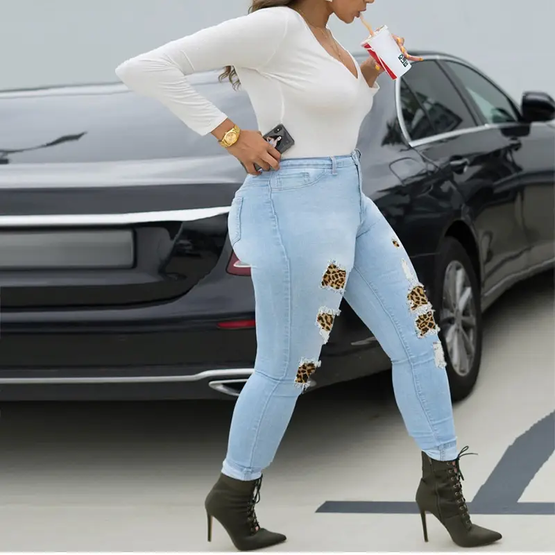 Women Slim Fit Jeans Leopard Print High Top - Image 4