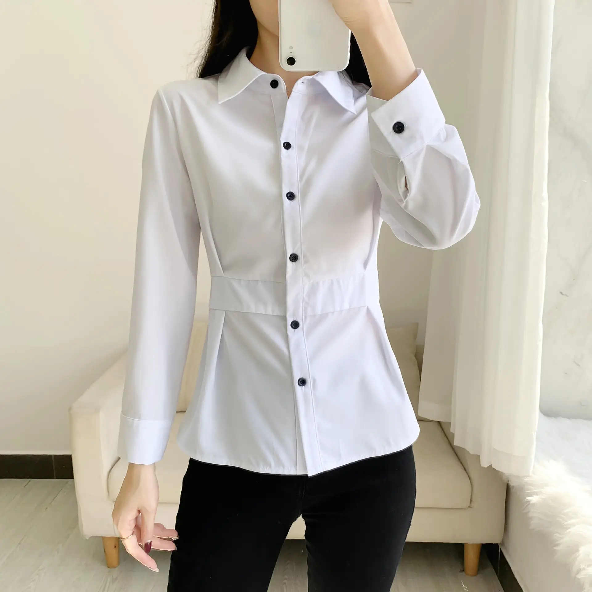 2022 Spring Lapel Shirt Solid Yellow Slim Fit - Image 4