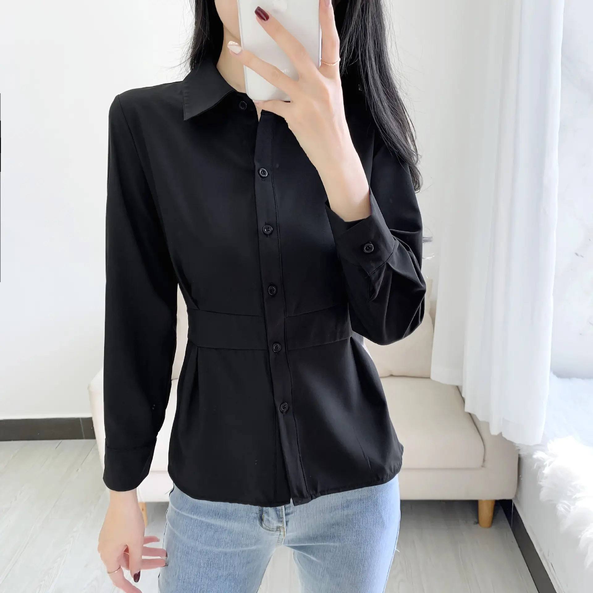 2022 Spring Lapel Shirt Solid Yellow Slim Fit - Image 2