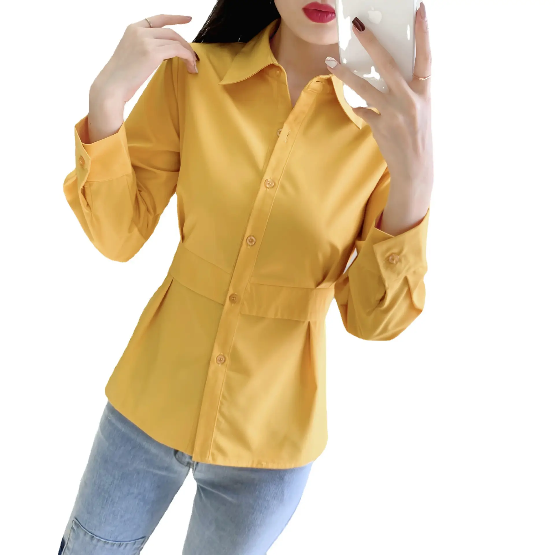 2022 Spring Lapel Shirt Solid Yellow Slim Fit - Image 6