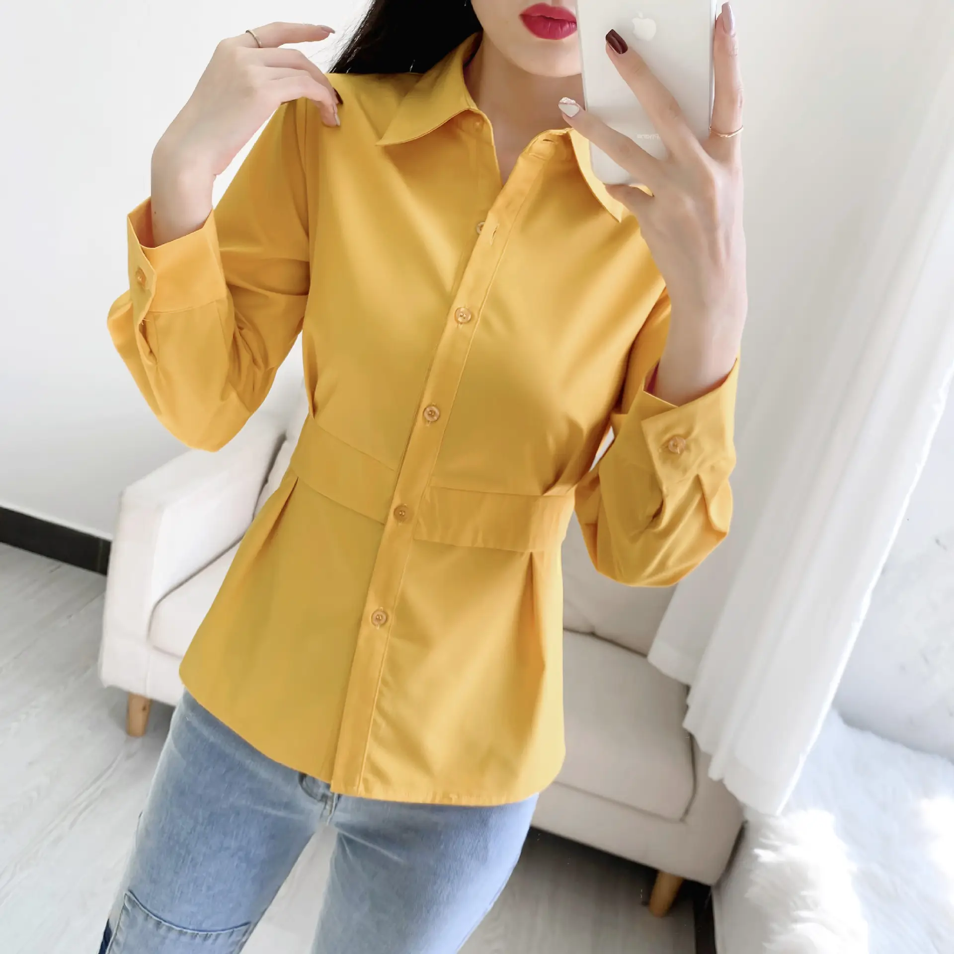 2022 Spring Lapel Shirt Solid Yellow Slim Fit - Image 3