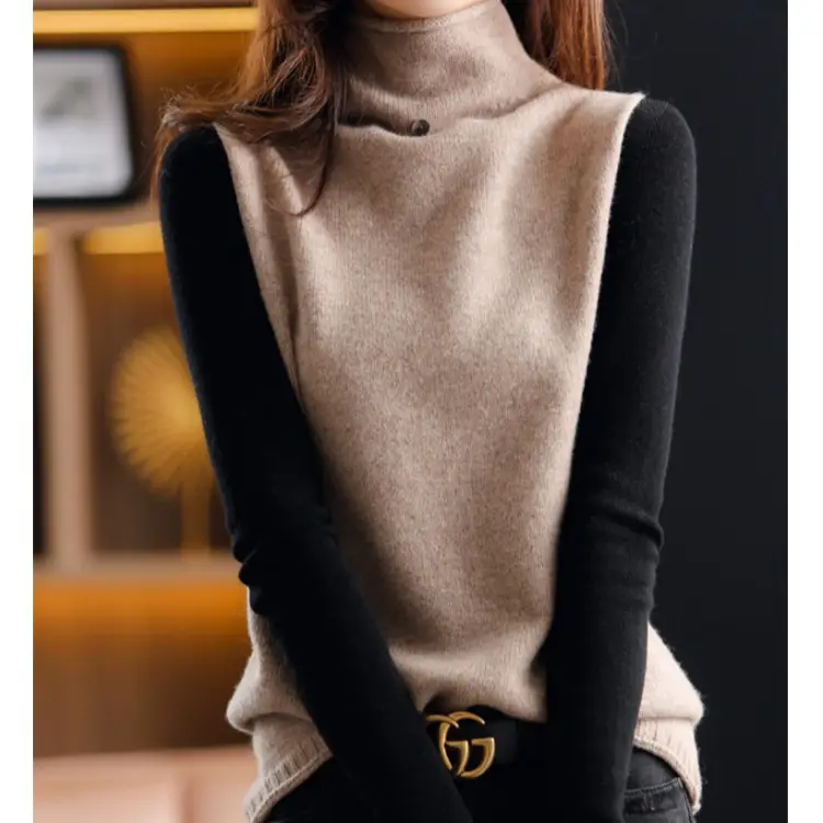 Women's White Knitted Vest with High Collar Button Sleeveless Top - Image 5