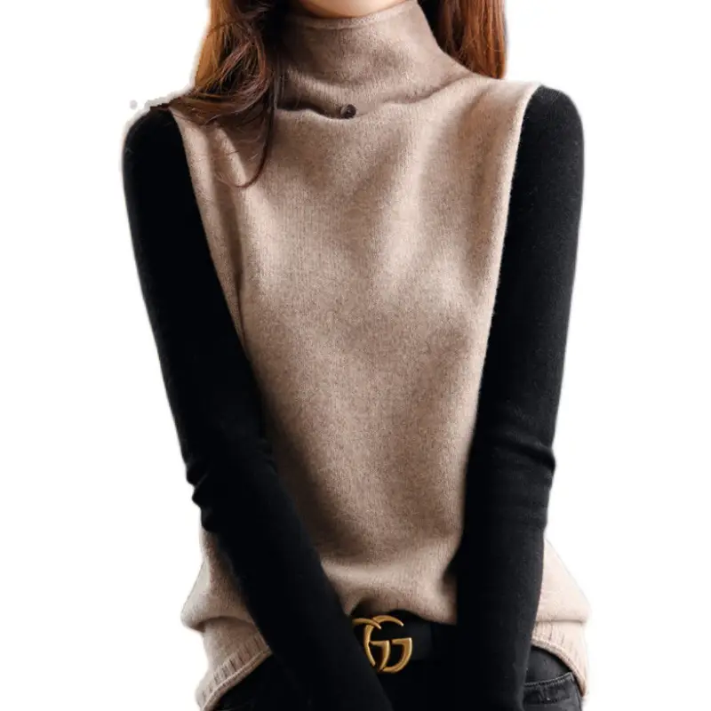 Women's White Knitted Vest with High Collar Button Sleeveless Top - Image 8