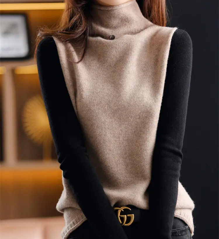 Women's White Knitted Vest with High Collar Button Sleeveless Top — feature 3