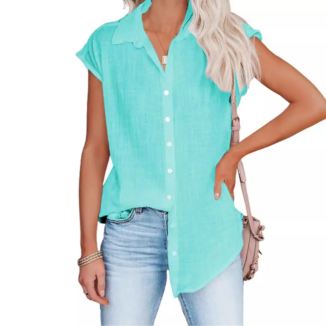 Women's Pink Short Sleeve Button Shirt Loose Fit - Image 7
