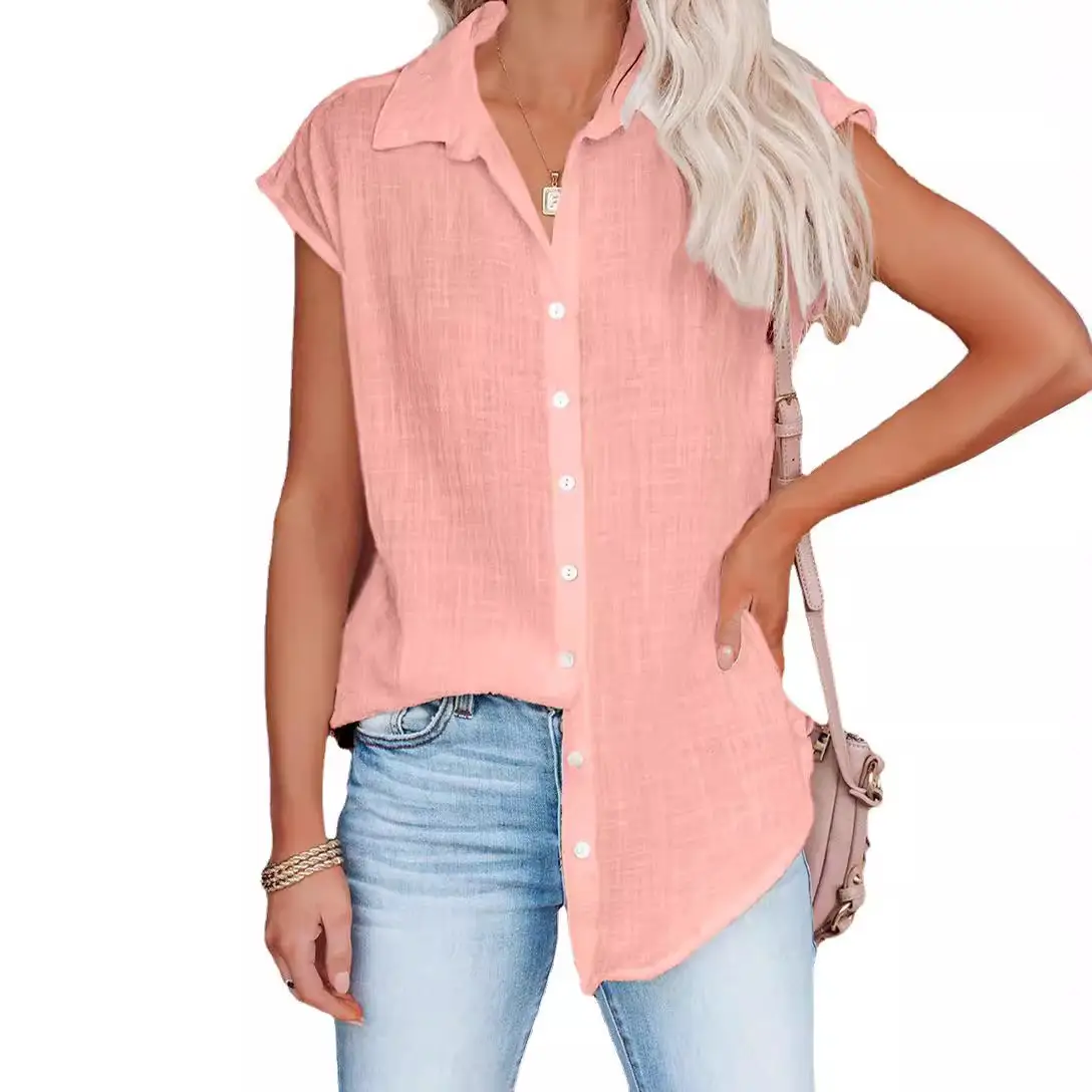 Women's Pink Short Sleeve Button Shirt Loose Fit - Image 9
