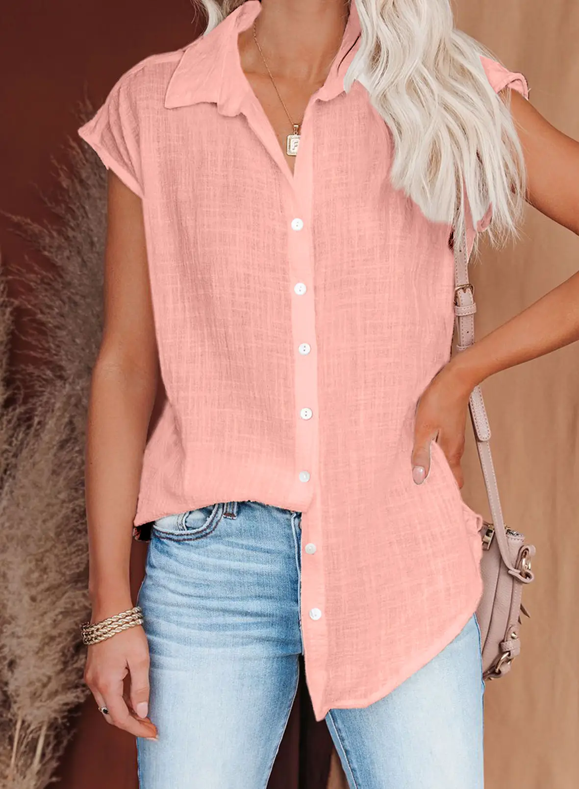 Women's Pink Short Sleeve Button Shirt Loose Fit - Image 2