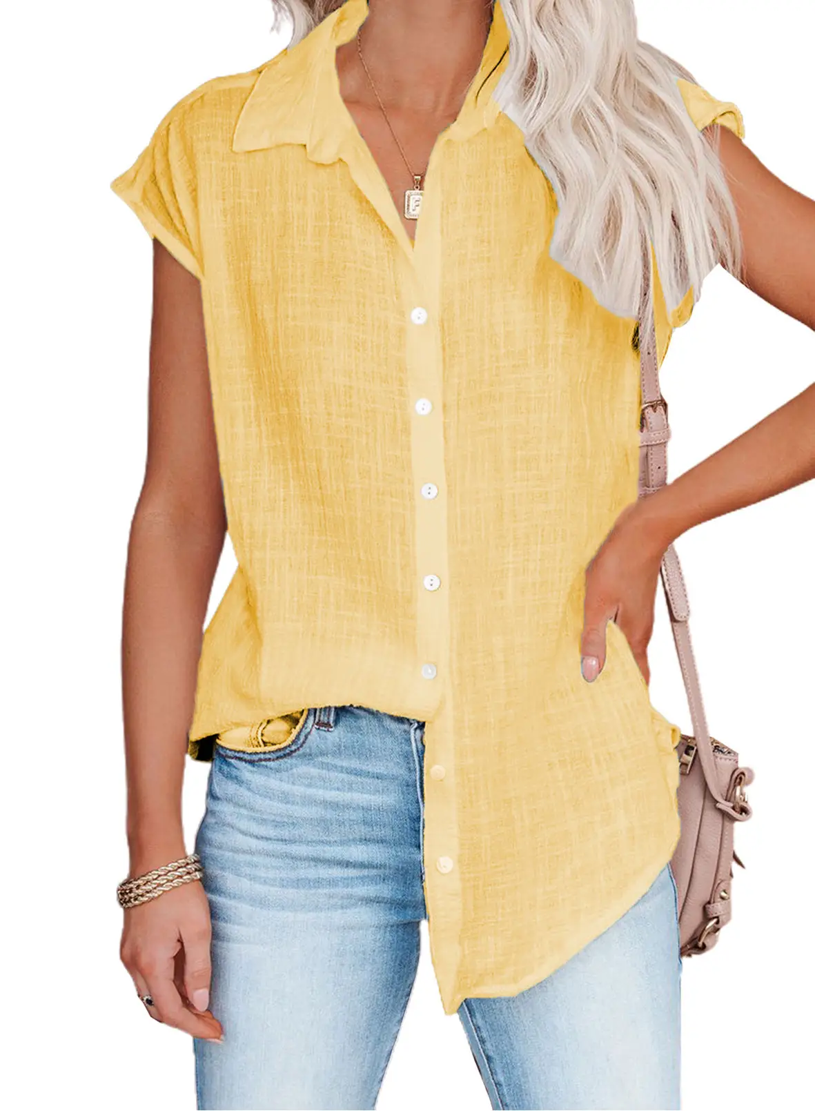 Women's Pink Short Sleeve Button Shirt Loose Fit - Image 3