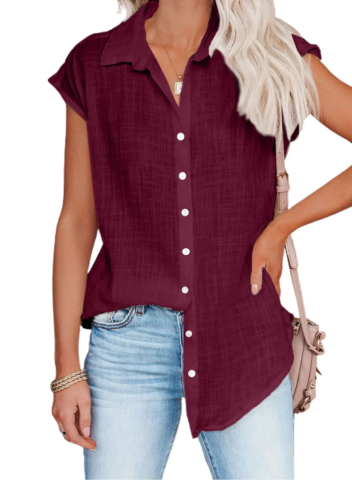Women's Pink Short Sleeve Button Shirt Loose Fit - Image 4