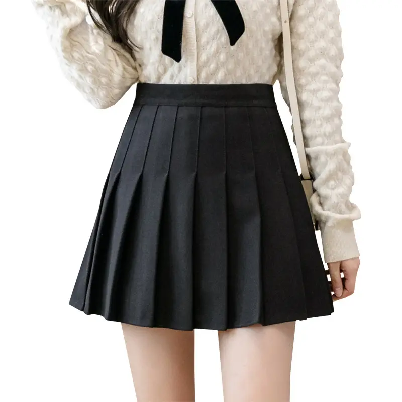 Women Wool Pleated Skirt Black High Waist Autumn Winter