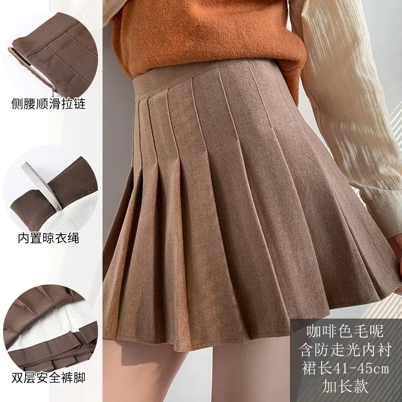 Women Wool Pleated Skirt Black High Waist Autumn Winter