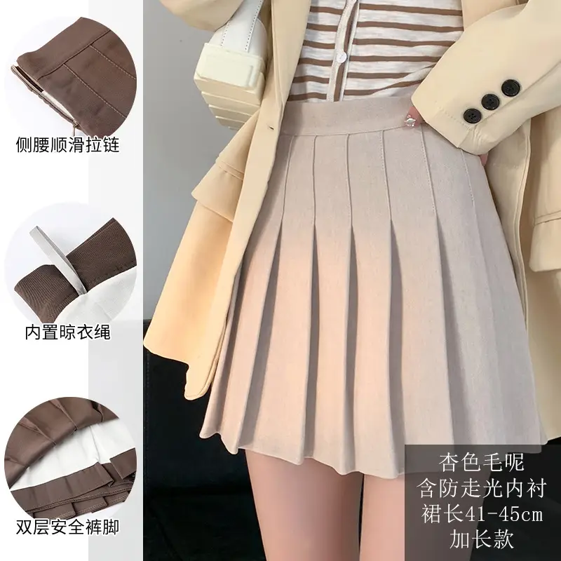 Women Wool Pleated Skirt Black High Waist Autumn Winter