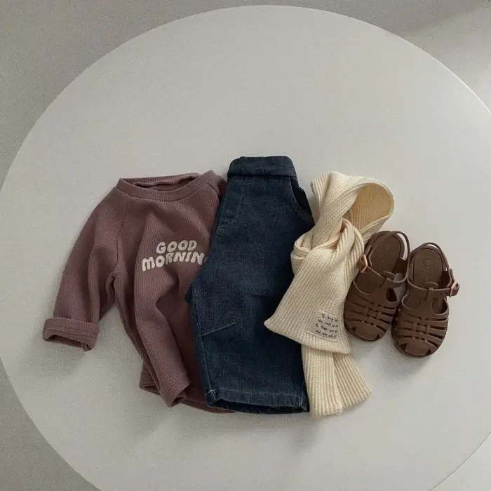 Kids Korean Style T-Shirt Brown Good Morning Print - Image 5