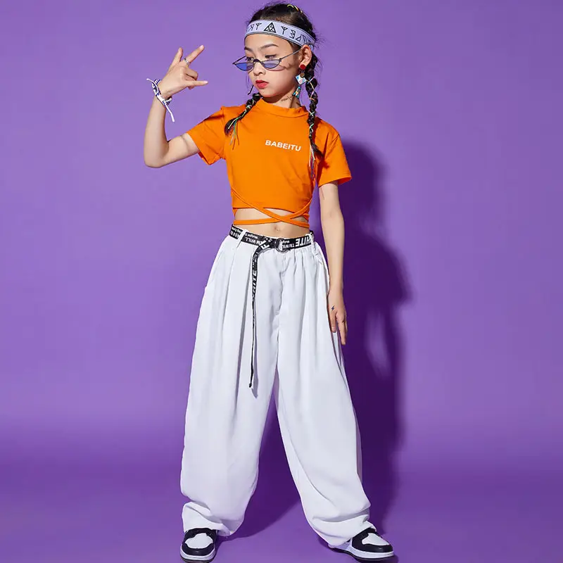 Girls Red T-shirt Tie-Back Hip Hop Performance Suit - Image 42