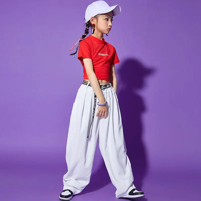 Girls Red T-shirt Tie-Back Hip Hop Performance Suit - Image 43